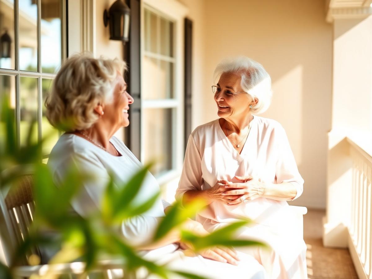 Two mature women sharing a warm conversation on a sunlit porch